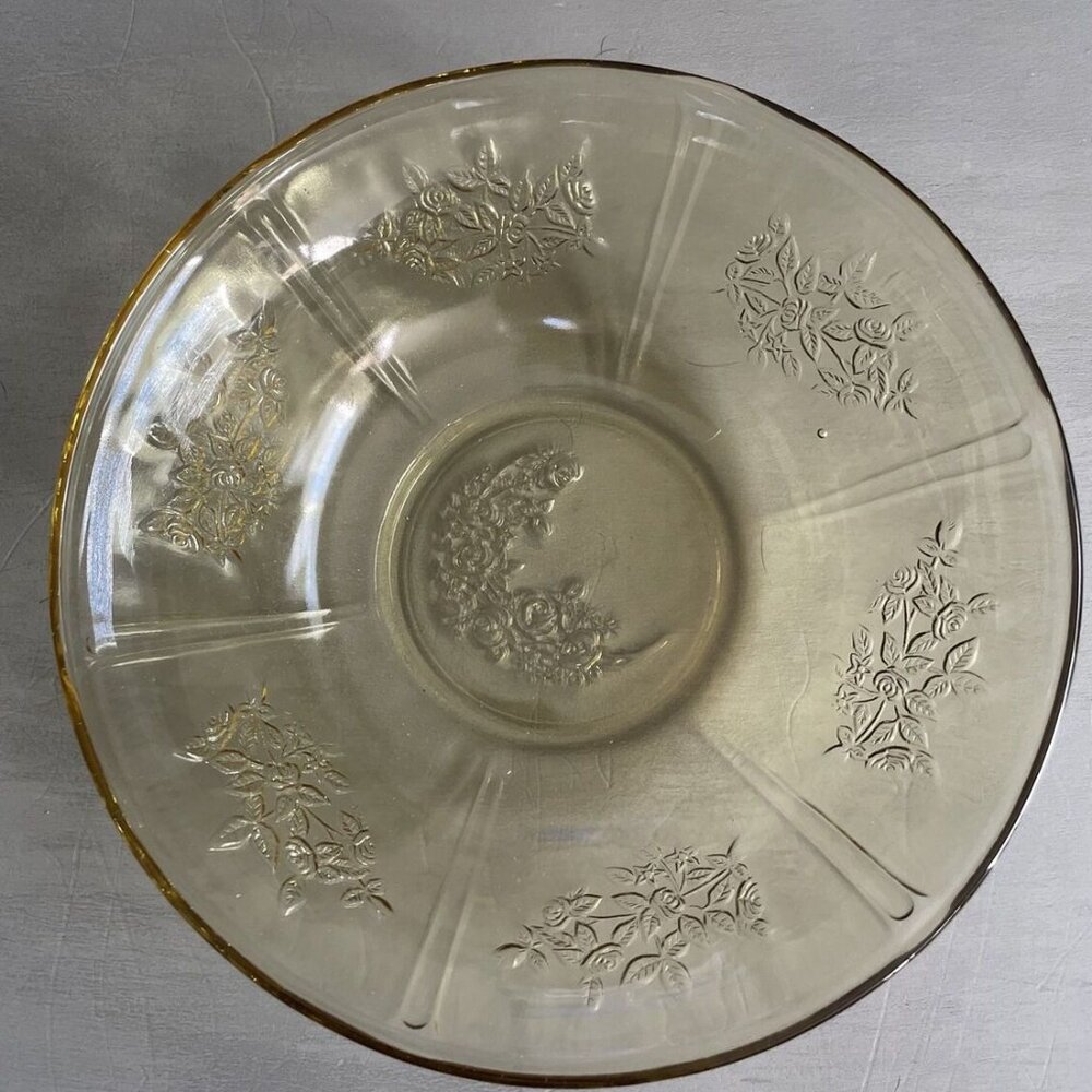 Yellow Federal depression glass serving bowl with roses on 6 panels/ rose bottom